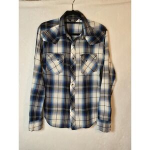 Salt‎ Valley Western Womens Medium Pearl Snap Shirt Plaid Blue/Black/Gray